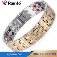 Rainso Fashion Double Row 4 Elements Healthy Bracelet For Man Stainless Steel Hand Link Wristband Polished Bracelet viking Charms and Charm Bracelet