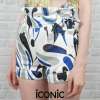 iCONiC BLUE LOOKNUM SHORTS #2840 กางเกงขาสั้น พิมพ์ลาย ขาว น้ำเงิน ยาว30ซม. รูดเอวได้ ผ้าไหมซาติน แต่งกระเป๋า และโบว์ผูกเอว กางเกงผู้หญิง กางเกงชายทะเล