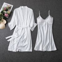 2PCS Pajamas Set White Women V-Neck Sleepwear M-XL Lace Kimono Sexy Nightshirts Flower Nightwear Robe Gown Sleep Suit Nightgown