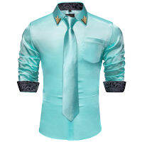 Cyan Blue Men เสื้อ Hanky Tie งานแต่งงานเสื้อสำหรับชายฤดูใบไม้ผลิ Automn แขนยาวอย่างเป็นทางการแฟชั่นชายสวมวันหยุด Gift