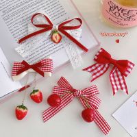 Red Sweet Cute Plaid Lace Bow Ribbon Strawberry Cherry Hairpin For Girl Children Kawaii Fairy Lolita Hair Clips Accessories