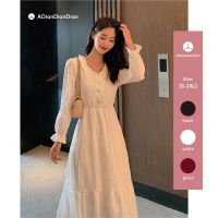 ☀adiandiandian☀ White Vintage Long Dress Lined Women Soft Ruffle Maxi Dress V-Neck Long Sleeve Cotton Dress Long Slim Plain Plus Size Korean Fashion Holiday 2022 Summer