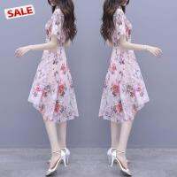 tdg Women Dress Floral Print Short-sleeve Crew-neck Skirt Irregular Waist-slimming Dress