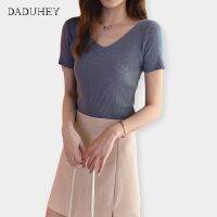 Daduhey. Plus Size Womens Knitted Sweaters Tops Slim V-neck Solid Color Baju Kemeja T-shirts