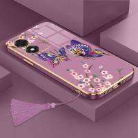 เคสสำหรับ Vivo Y02S หรูหราผีเสื้อที่สวยงามพร้อมกล้องป้องกันโทรศัพท์กรอบซิลิโคนนิ่มฟรีสายคล้องขอบชุบ