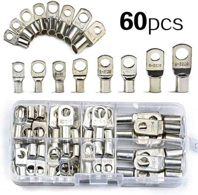60pcs Assortment SC Bare Tinned Copper Lugs Terminals Ring Car Battery Seal Wire Connectors Cable Crimped/Solded Terminal Kit-iewo9238