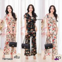 GN15420 **รบกวนสอบถามstockก่อนสั่งซื้อจ้า** Jumpsuit จั้มสูทขายาว คอวีขากระดิ่งอกหน้าแต่งกระดุม