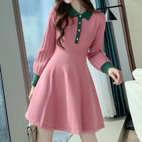 Long Sleeve Slim Temperament Hit Color Peter Pan Collar Dress Autumn Pink New Sweet Lady A-line Mini Vestido De Mujer Robe Femme