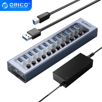 ORICO Industrial USB 3.0ฮับ7อลูมิเนียม + สวิตช์เปิด/ปิดตัวแยก USB โปร่งใสพร้อมที่ชาร์จรองรับอะแดปเตอร์12V