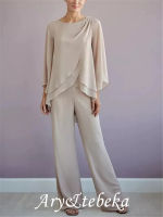 Pantsuit Jumpsuit Mother of the Bride Dress Elegant Jewel Neck Floor Length Chiffon Long Sleeve with Tier 2021