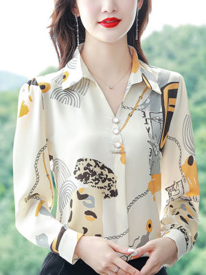 Chiffon Shirt Womens 2022 Autumn New High-End Fashion Long-Sleeved Shirt Belly-Covering Shirt Middle-Aged Mother Top