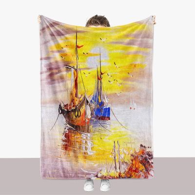 （in stock）Canvas sailboat Flannel blanket modern Impressionism painting bed yellow art bedroom decoration super soft（Can send pictures for customization）
