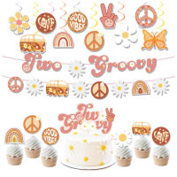 1ชุด Hippie Stay Groovy Tableware กระดาษ Straws แบนเนอร์สำหรับเด็กผู้ใหญ่ Hippie Happy Birthday Party ตกแต่ง Supply