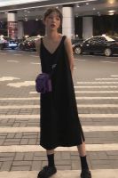 Autumn French Style Inner Wear Black Slip Dress V Collar Vest Skirt Womens Loose Split Long Bottoming over-the-Knee Dress