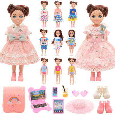 Barwa Dollhouse Set For Chelsea 20 Pieces = 5 Skirts + 3 Swimsuits + 3 Top Pants + 1 Rainbow Backpack + 8 Accessories For 5-6Inch Girl Toy