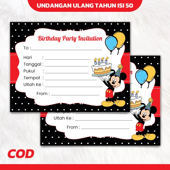 Isi 50 Undangan Ulang Tahun Tema Mickey MOuse │ Undangan Ultah Anak