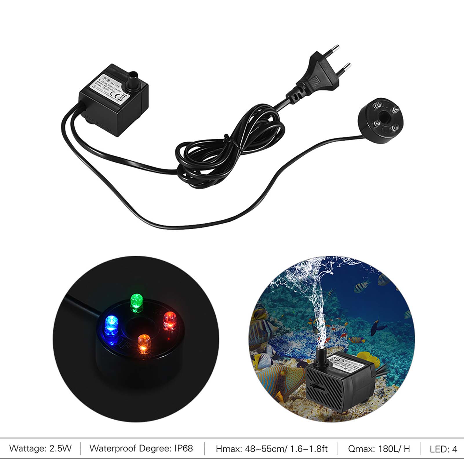 Aquarium Water Pump for Fish Tank Tabletop Fountain with LED Light Flow Rate 