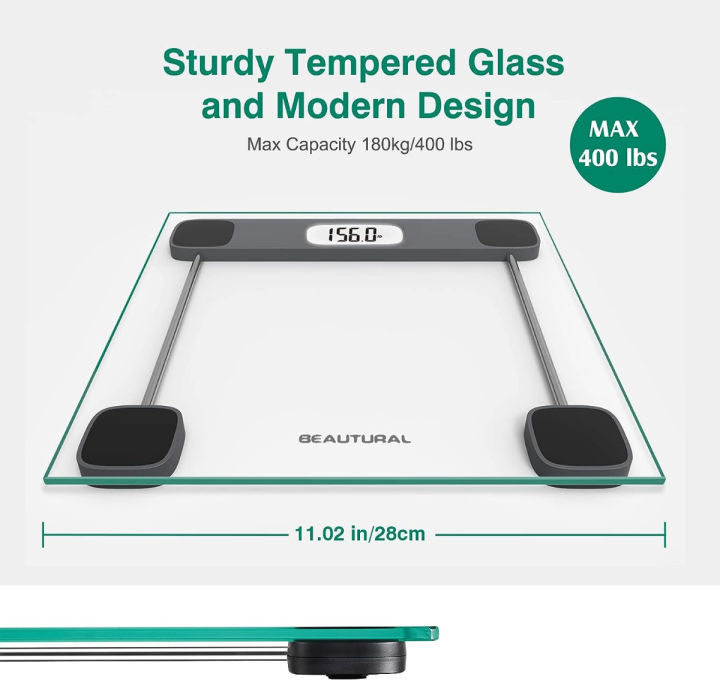 beautural-digital-bathroom-scale-for-body-weight-lcd-display-400lb-4-aaa-batteries-and-tape-measure-included-tempered-glass