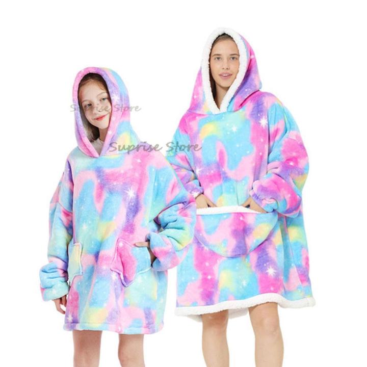 mother-kids-matching-pajamas-unicorn-girls-sleepwear-winter-warm-polar-fleece-oversized-hoodies-blanket-sherpa-homewear