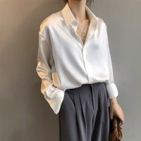【YuekunH】เสื้อลำลองสตรีทเสื้อซาตินย้อนยุคมีกระดุมแฟชั่นเสื้อเชิ้ตสีขาวแขนยาวผู้หญิงหลวมหรูหราและหวาน