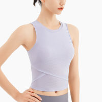 YueJi เสื้อแขนกุดกีฬาพร้อมแผ่นอกผู้หญิง Tights Ribbed Elastic Sport Yoga Tops