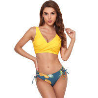 New Yellow and Lemon Print Mid-Waist Bikini Set Swimsuit Women Sexy Lace Up Two Pieces Swimwear Bandage Beach Bathing Suit