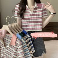 DD SHOPพร้อมส่ง 29031 เสื้อไหมพรมแขนสั้น คอกลม ดีเทลลายทางน่ารักมาก