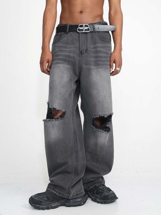 กางเกงยีนส์ผู้ชาย-y2k-กางเกงยีนส์เปิดเข่าขาดกางเกงยีนส์สำหรับผู้ชายทรงหลวมเข้ารูปกางเกงคาร์โก้กางเกงยีนส์ขาบานสีดำ