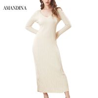 Amandina Luxe เดรสยาวถัก Midi เข็มขัดคอวี