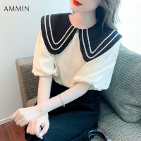 AMMIN เสื้อผู้หญิงแขนสั้นแบบพองแขนสั้นชุดผ้าชีฟองมีปกแบบตุ๊กตาสีสไตล์เกาหลี