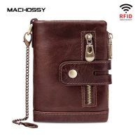 ZZOOI Vintage Men Leather Wallets Soft Genuine Leather Short Card Holder Chain Men Purse Brand Male wallet with Coin Pocket