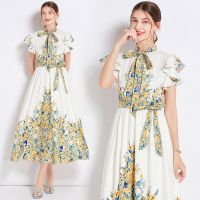 Women New Fashion Dress  Summer New Neckline Drawstring Design Flying Sleeve Long Personalized Retro Printed A- Line Dress