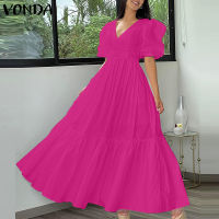 VONDA ชุดเดรสลำลองสำหรับผู้หญิงใส่ในฤดูร้อนแขนพองสั้นคอวีมีระบายทรงหลวมโอเวอร์ไซส์ (ขนาดพิเศษ)