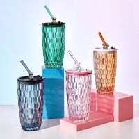 Glass straw cup with lid net red new girl water portable milk tea coffee 促排glass