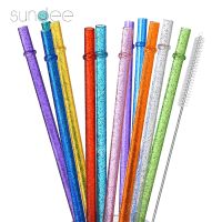 【CC】 12Pcs Reusable Drinking Straws Inches Colorful Glitter Plastic with 1 Cleaning Brushes Mixed