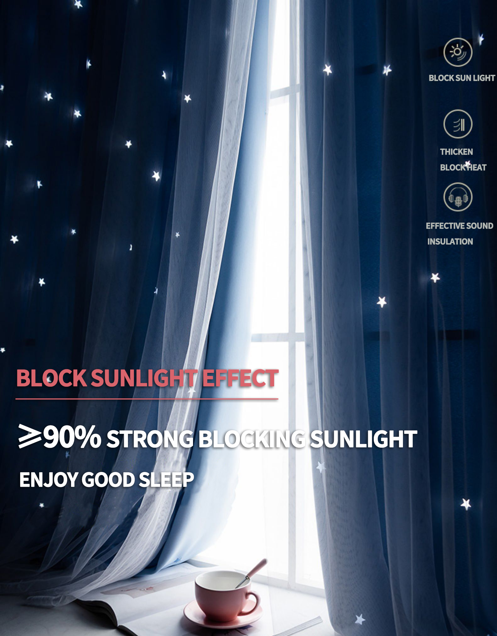 Lumig Bintang Thermal Insulated Blackout Tirai untuk Bilik Tidur Bilik Tidur Tirai Tirai Velcro Tiada Tebukan Tirai