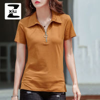 ZXIU Plus ขนาดเกาหลีซิปเสื้อยืดผู้หญิงอารมณ์แขนสั้น Top Tees Slim-Fit Turn-Down Collar Tshirts