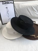 TOMKHU Summer Women White Ribbon M Letter Round Flat Top Straw Beach Hat Boater Sun Caps Wide Brim M Panama Hat Lady 39;s Fedoras