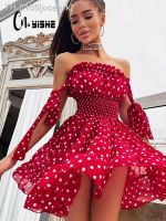 ✕☄✽ ocehrk CNYISHE-Red Dot impressão Ruched Boho vestido feminino de verão sexy vestidos doces ombro fora festa bonito