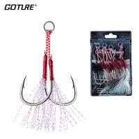 [HUYE Outdoor Store] Goture Jig Hook 5ชิ้น/ถุงเหล็กคาร์บอนคู่เบ็ดตกปลาที่แข็งแรงพร้อมอุปกรณ์ขนนก