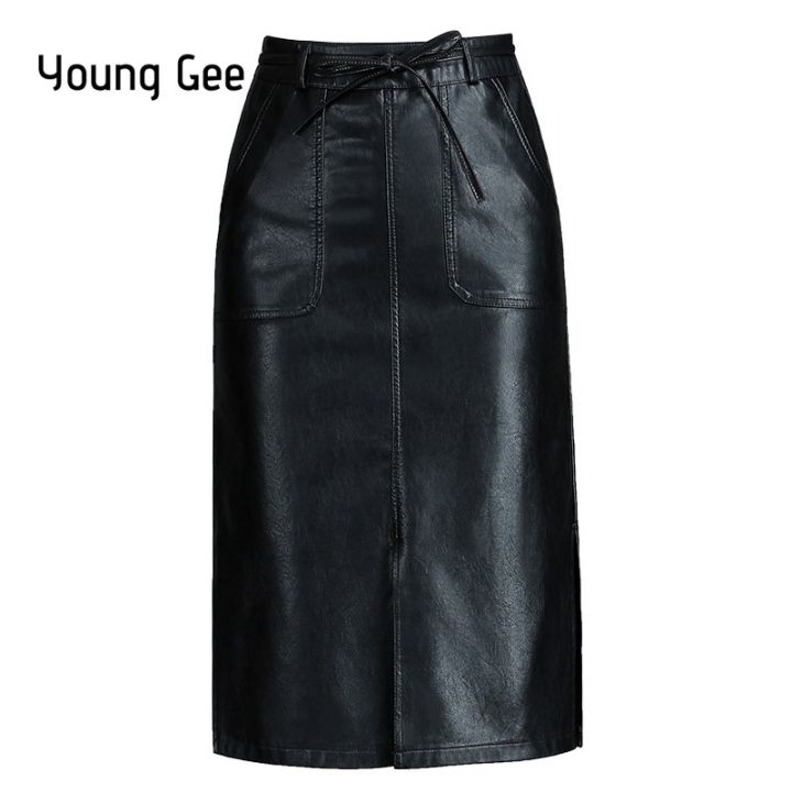 ขายดีที่สุด-ioztt2023-younggee-pu-หนัง-bodycon-กระโปรงผู้หญิง-office-lady-ฤดูใบไม้ผลิฤดูใบไม้ร่วงโบว์สูงเอว-streetwear-ดินสอสีดำเข่า-ความยาวกระโปรง-saia
