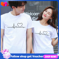 เสื้อยืดพิมพ์ลาย ECG แบบเสื้อผ้าคู่รักน่ารักเสื้อชุดลำลองคอกลมสำหรับผู้ชายและผู้หญิงสไตล์เกาหลี