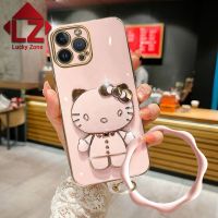 เคสมือจับสำหรับโทรศัพท์มือถือตั้งพื้นกระจกแต่งหน้า Hello Kitty 3มิติลายการ์ตูนน่ารักสำหรับ Samsung Galaxy J2 Prime J4 Plus J7 Prime J7 2017 M30S M31 Note 8 Note 9 Note 10 Pro Note 10 Lite Note 20 TPU นุ่มโลหะด้วยไฟฟ้าปกหลัง + สร้อยข้อมือคลื่น