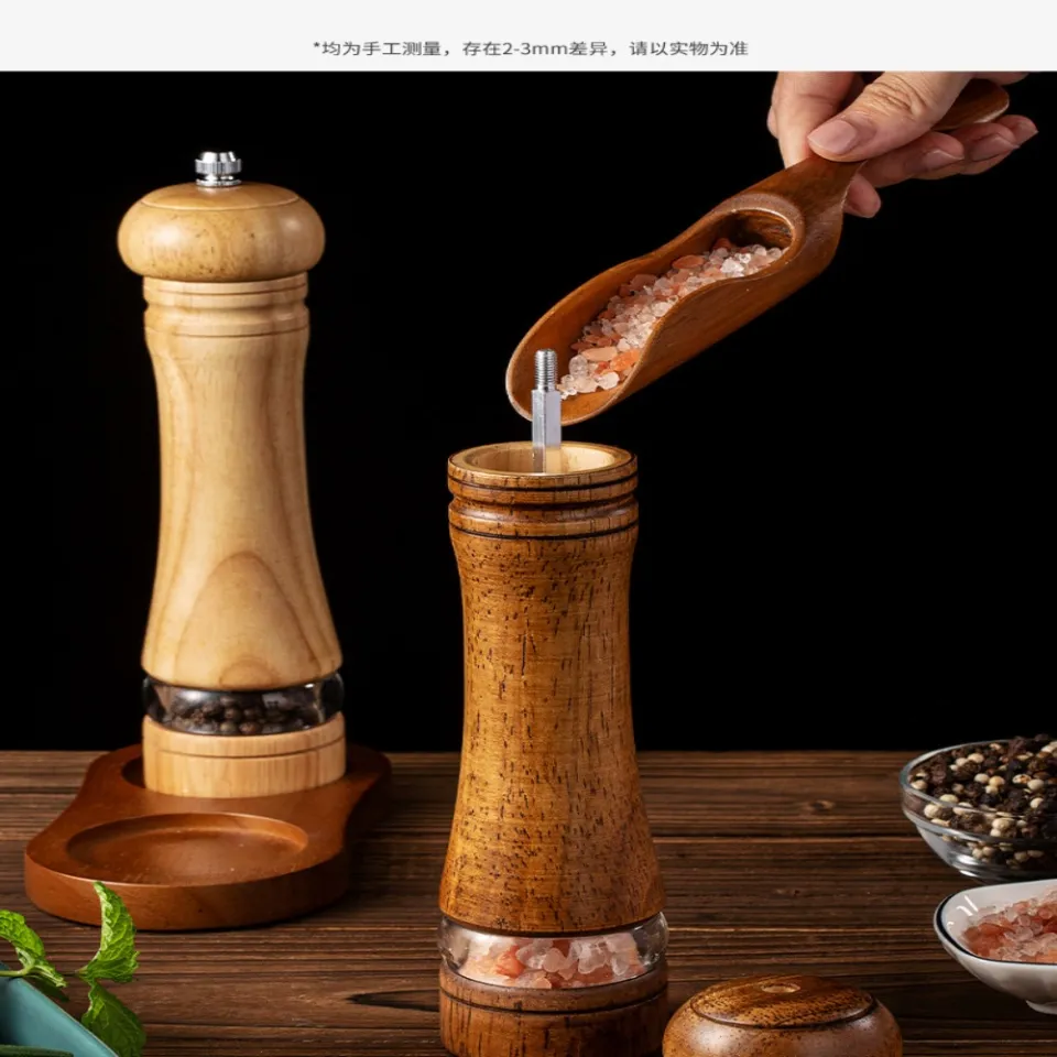 Haomacro Salt and Pepper Grinder Set, Wood Pepper Mills,Wooden Salt  Grinders Refillable Manual Pepper Ginder with Acrylic Visible  Window,Ceramic