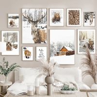 ☼┇ ฤดูหนาวทิวทัศน์ภาพภาพวาดผ้าใบ Wall Art Elk สัตว์ไม้ Snowscape โปสเตอร์และพิมพ์สำหรับ Modern Home Living Room Decor