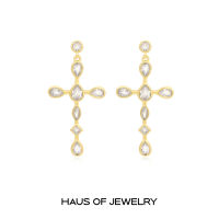 Haus of Jewelry - Luv AJ BEZEL STONE CROSS STUDS ต่างหูกางเขนใหญ่ ประดับเพชรคิวบิกเซอร์โคเนีย (Cubic Zirconia)