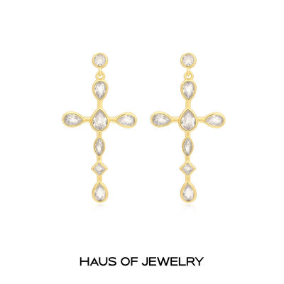 Haus of Jewelry - Luv AJ BEZEL STONE CROSS STUDS ต่างหูกางเขนใหญ่ ประดับเพชรคิวบิกเซอร์โคเนีย (Cubic Zirconia)