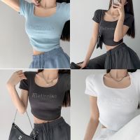 COD DSFERTRETRE 【X-style】Fashion letter embroidery slim square collar short sleeve T-shirt crop top