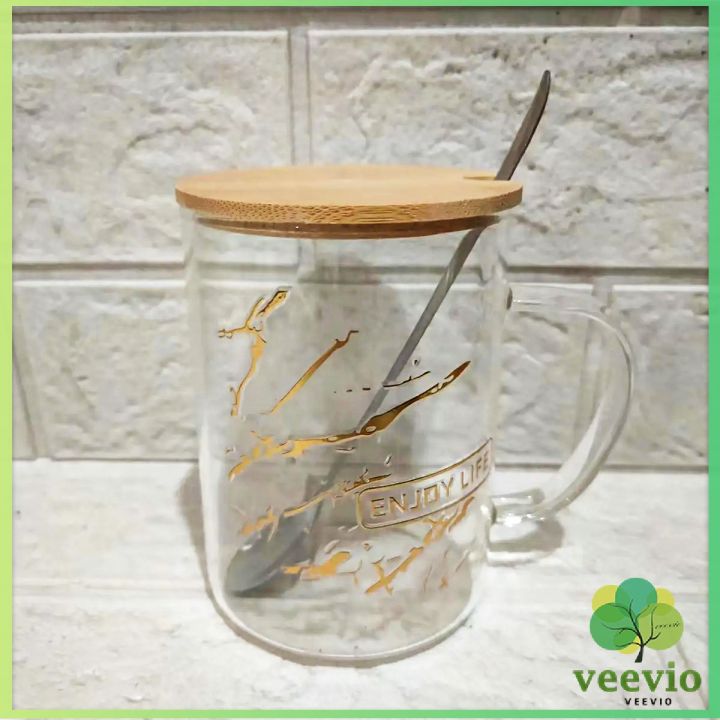 veevio-ถ้วยแก้วใส่เพ้นลายน่ารัก-ถ้วยกาแฟ-มีฝาปิดเเถมช้อนtableware