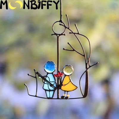 Stained Glass Angels Couple Doll Window Hangings SunCatcher Art Hanging Pendant Wall Door Decoration For Home Ornaments
